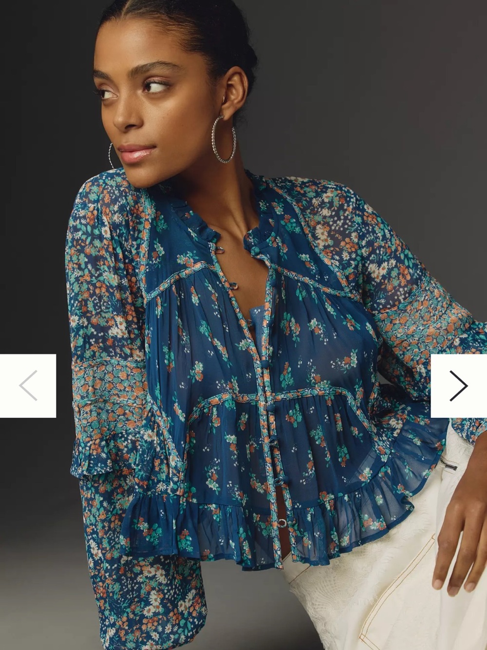 Anthropologie Navy Teal Floral Ruffle Peasant Blouse